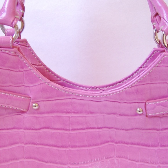 Salmon Pink Charter Club Purse Handbag Faux Crocodile Lined Silver Metal Tote - Picture 6 of 8